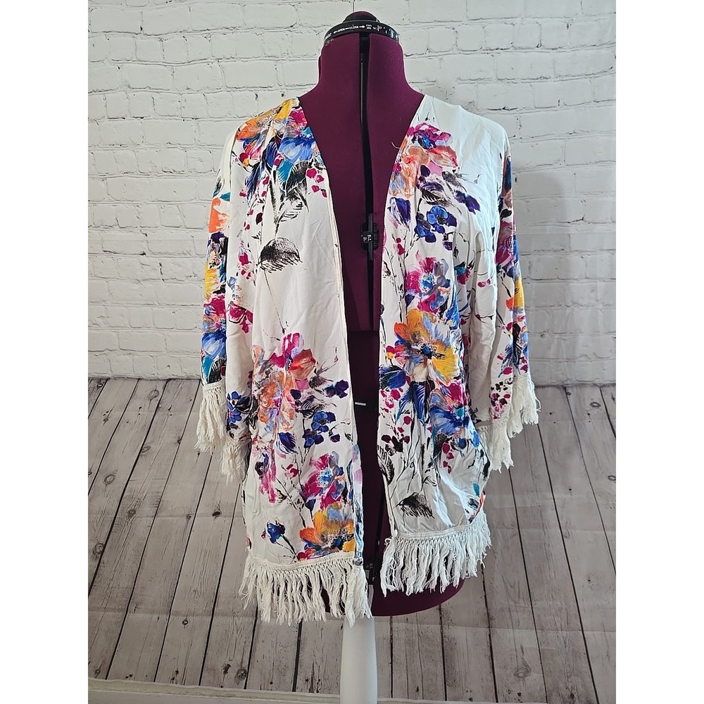 Umgee Boho Kimono Watercolor Floral Fringe Trim Size M Festival Hippie Bohemian